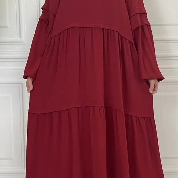 Lantern Sleeve Tiered Kaftan Dress, Elegant Tie-waist Maxi Length Dress - Picture 3 of 4